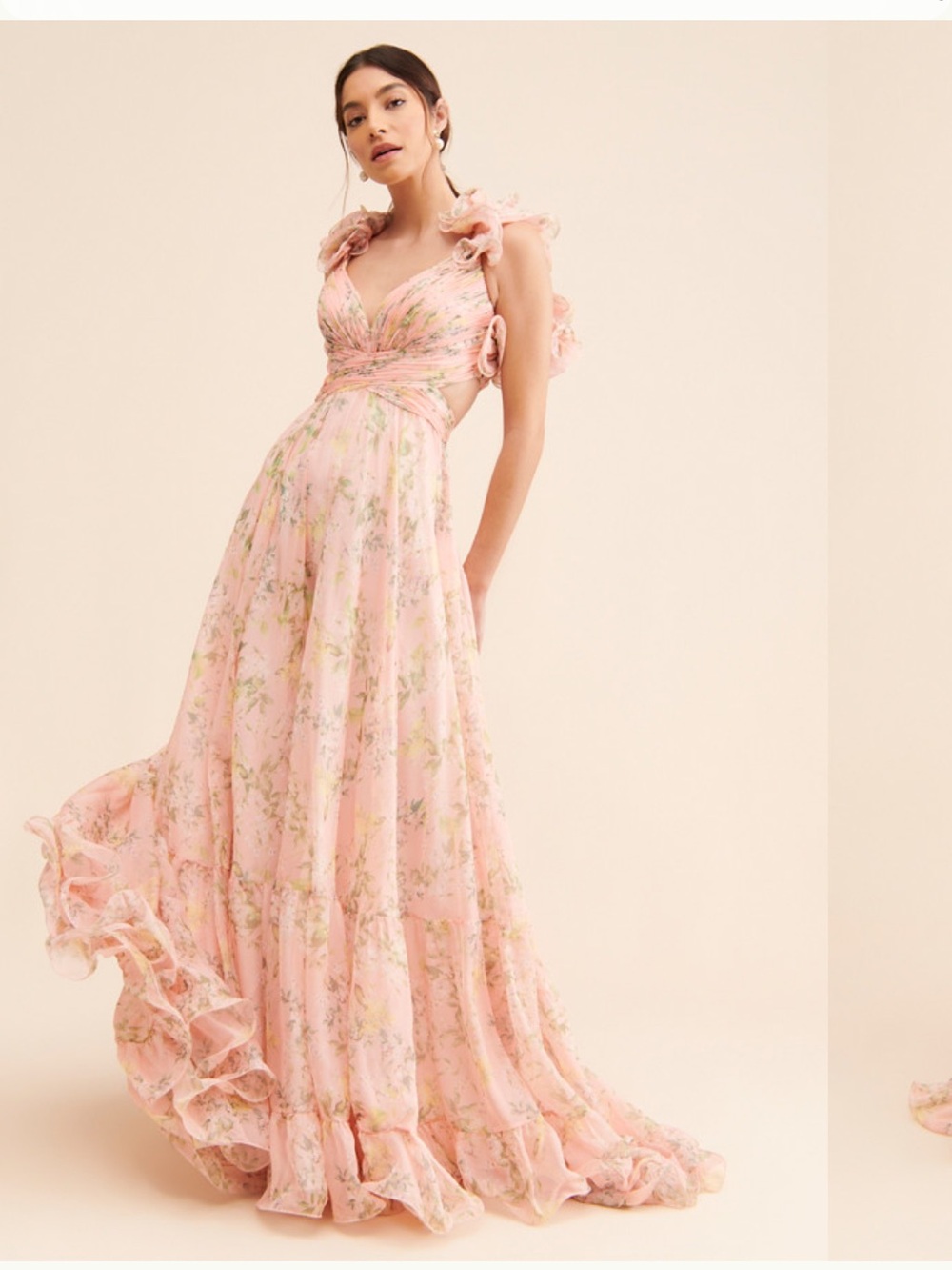 MAC DUGGAL Pink Ruffle Tiered Floral Cut Gown